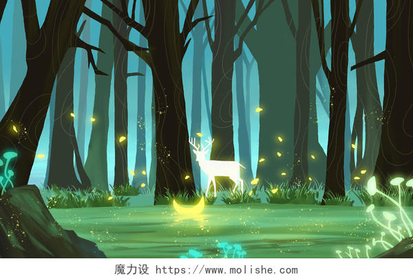 唯美森林星空麋鹿原创手绘插画海报